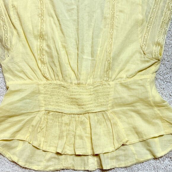 SOLD Free People Yellow V Neck Button Up Ruched Lace Flutter Sleeve Blouse Top S - Picture 9 of 12